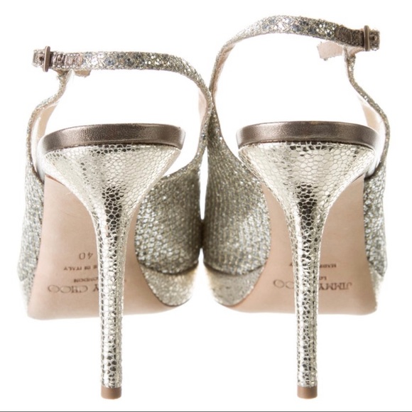 JIMMY CHOO Slingback Pumps Glitter Nova Fabric Champagne Peep Toe Metallic Gold - Picture 5 of 10